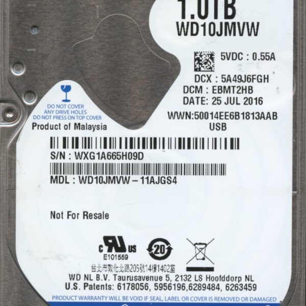 WD10JMVW-11AGS4 EBMT2HB WXG1A WESTERN DIGITAL 1TB HDD