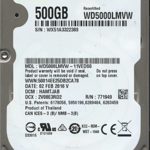 WD5000LMVW-11VEDS0 HAMTJAB WXP1E WESTERN DIGITAL 1TB HDD