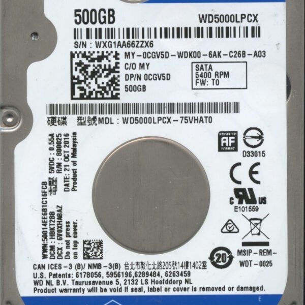 WD5000LPCX-75VHAT0 HBKT2BB WXG1A WESTERN DIGITAL 500GB HDD