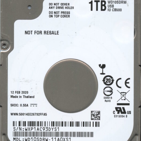 WD10SDRW-11A0XS1 WXP1A 02:20 WESTERN DIGITAL 1TB HDD