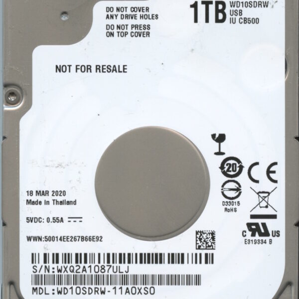 WD10SDRW-11A0XS0 WXQ2A 03:20 WESTERN DIGITAL 1TB HDD