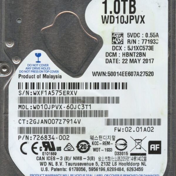 WD10JPVX-60JC3T1 WXF1A 05:17 WESTERN DIGITAL 1TB HDD