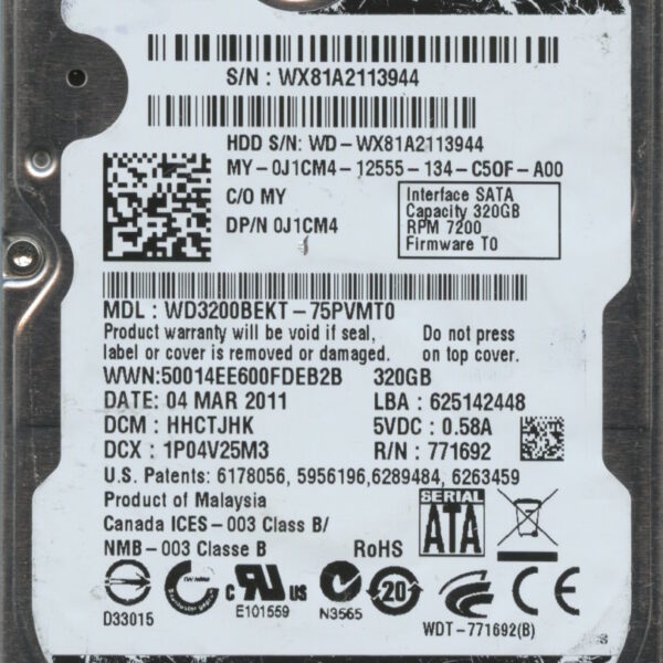 WD3200BEKT-75PVMT0 WX81A 03:11 WESTERN DIGITAL 320GB HDD