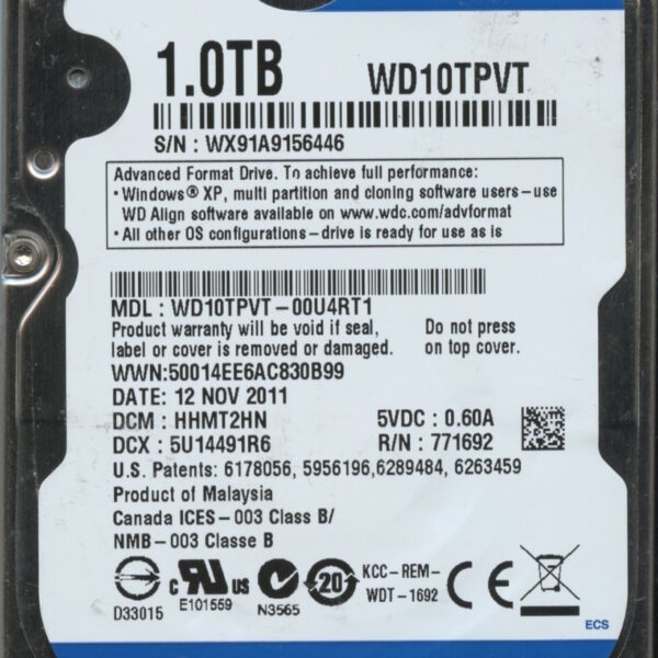 WD10TPVT-00U4RT1 WX91A 11:11 WESTERN DIGITAL 1TB HDD