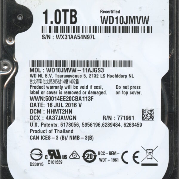 WD10JMVW-11AJGS3 WX31A 07:16 WESTERN DIGITAL 1TB HDD