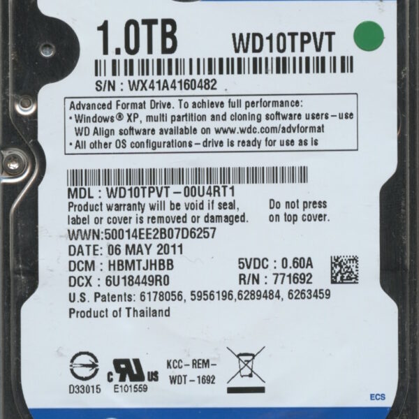 WD10TPVT-00U4RT1 WX41A 05:11 WESTERN DIGITAL 1TB HDD