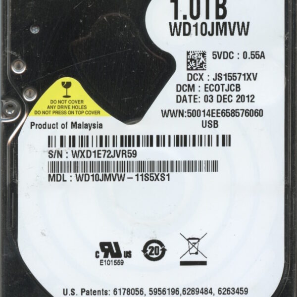 WD10JMVW-11S5XS1 WXD1E 12:12 WESTERN DIGITAL 1TB HDD