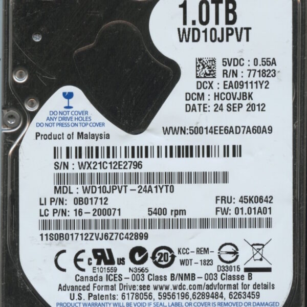 WD10JPVT-24A1YT0 WX21C 09:12 WESTERN DIGITAL 1TB HDD