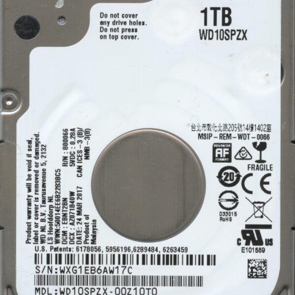 WD10SPZX-00Z10T0 WXG1E 03:17 WESTERN DIGITAL 1TB HDD