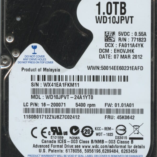 WD10JPVT-24A1YT0 WX41E 03:12 WESTERN DIGITAL 1TB HDD