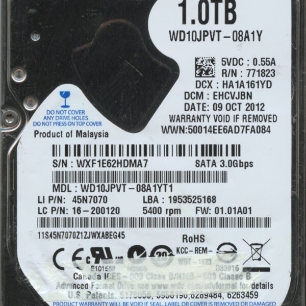 WD10JPVT-08A1YT1 WXF1E 10:12 WESTERN DIGITAL 1TB HDD