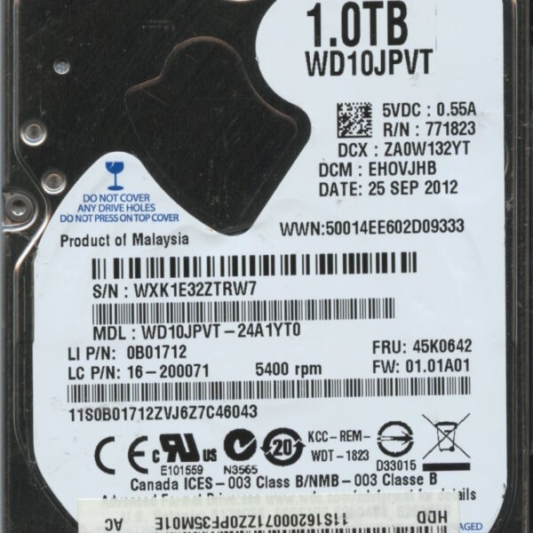 WD10JPVT-24A1YT0 WXK1E 09:12 WESTERN DIGITAL 1TB HDD