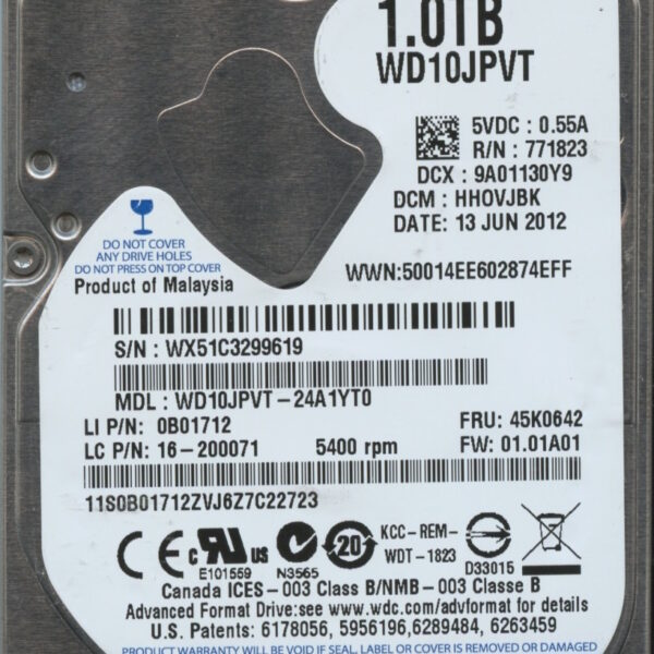 WD10JPVT-24A1YT0 WX51C 06:12 WESTERN DIGITAL 1TB HDD