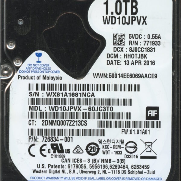 WD10JPVX-60JC3T0 WX81A 04:13:12 WESTERN DIGITAL 1TB HDD