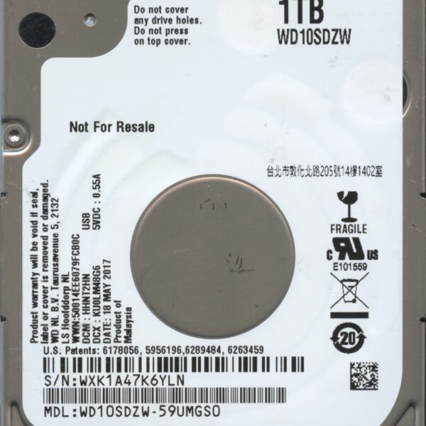 WD10SDZW-59UMGS0 WXK1A 05:18:17 WESTERN DIGITAL 1TB HDD