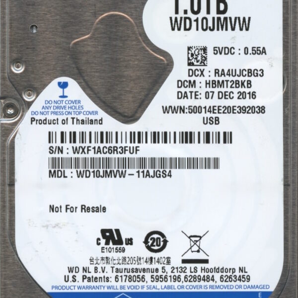 WD10JMVW-11AJGS4 WXF1A 12:07:16 WESTERN DIGITAL 1TB HDD