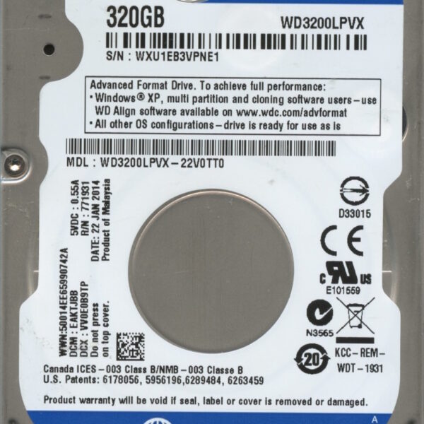 WD3200LPVX-22V0TT0 WXU1E 01:22:14 WESTERN DIGITAL 320GB HDD