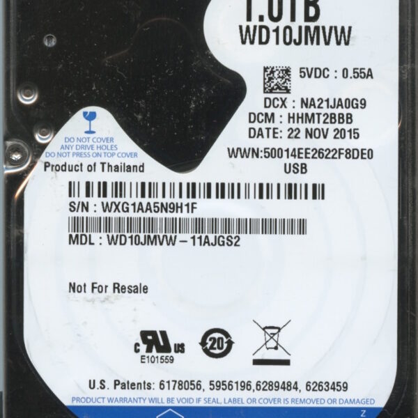 WD10JMVW-11AJGS2 WXG1A 11:22:15 WESTERN DIGITAL 1TB HDD