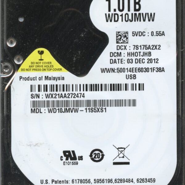 WD10JMVW-11S5XS1 WX21A 12:03:12 WESTERN DIGITAL 1TB HDD