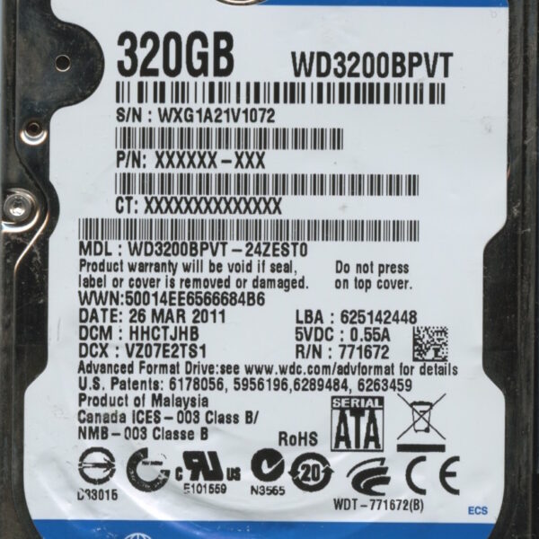 WD3200BPVT-24ZEST0 WXG1A 10:23:15 WESTERN DIGITAL 320GB HDD