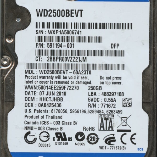 WD2500BEVT-60A23T0 WXP1A 06:07:10 WESTERN DIGITAL 250GB HDD