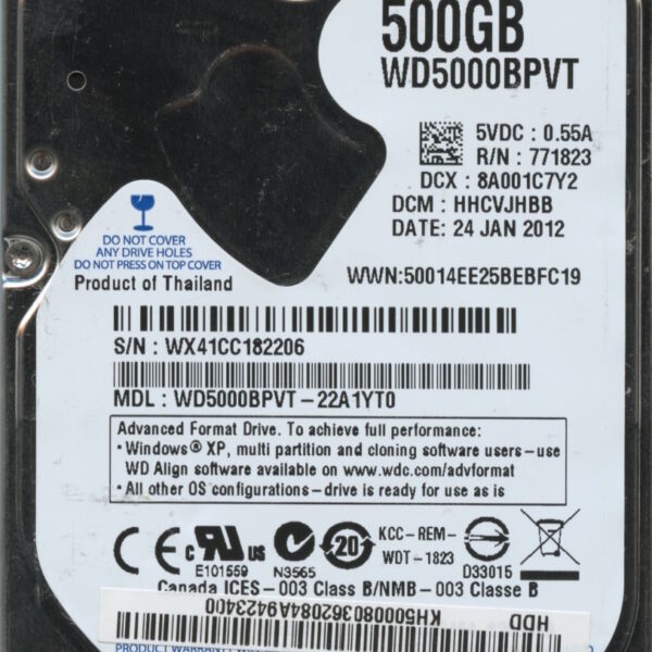 WD5000BPVT-22A1YT0 WX41C 01:24:12 WESTERN DIGITAL 500GB HDD