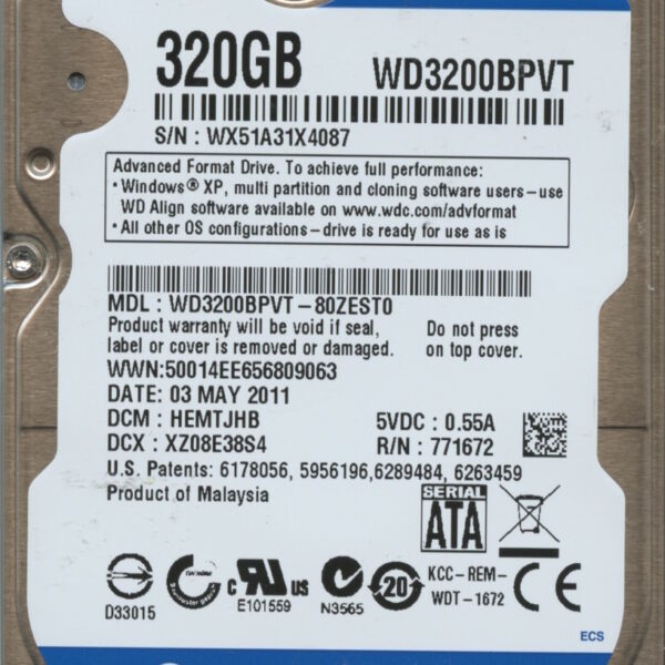 WD3200BPVT-80ZEST0 WX51A 05:03:11 WESTERN DIGITAL 320GB HDD