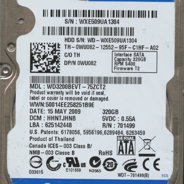 WD3200BEVT-75ZCT2 WXE50 05:15:09 WESTERN DIGITAL 320GB HDD