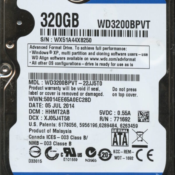 WD3200BPVT-22JJ5T0 WX51A 07:05:14 WESTERN DIGITAL 320GB HDD