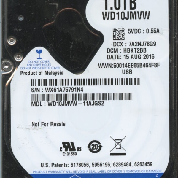 WD10JMVW-11AJGS2 WX61A 08:15:15 WESTERN DIGITAL 1TB HDD