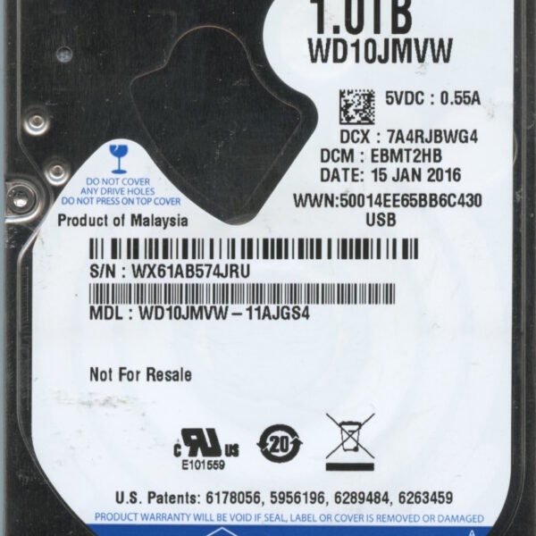 WD10JMVW-11AJGS4 WX61A 01:15:16 WESTERN DIGITAL 1TB HDD