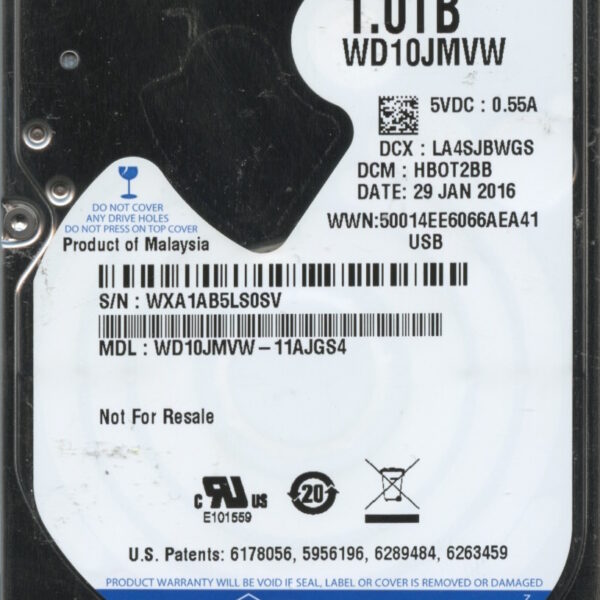 WD10JMVW-11AJGS4 WXA1A 01:29:16 WESTERN DIGITAL 1TB HDD