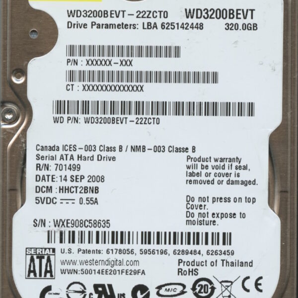 WD3200BEVT-22ZCT0 WXE90 09:14:08 WESTERN DIGITAL 320GB HDD