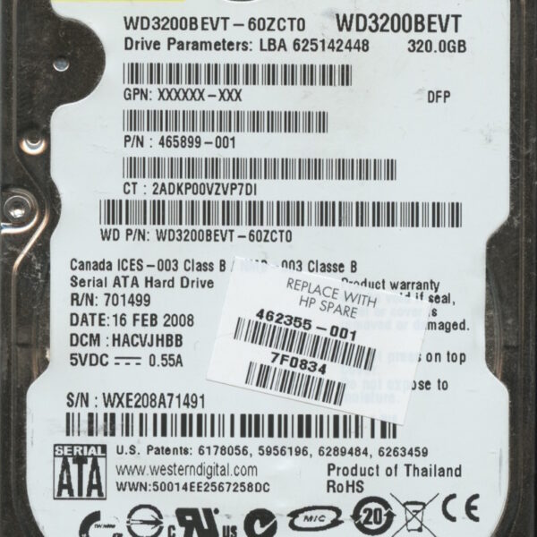 WD3200BEVT-60ZCT0 WXE20 02:16:08 WESTERN DIGITAL 320GB HDD