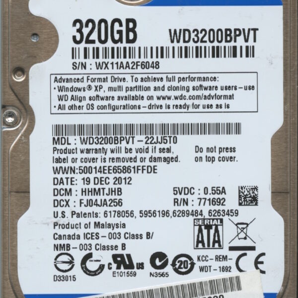 WD3200BPVT-22JJ5T0 WX11A 12:19:12 WESTERN DIGITAL 320GB HDD