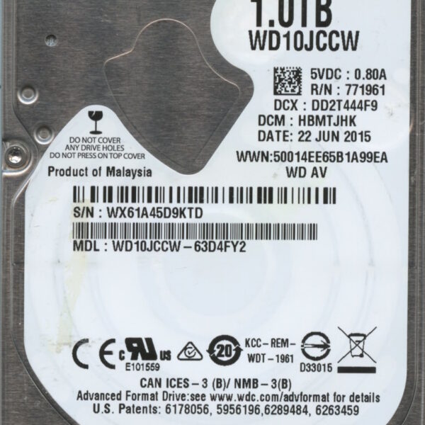 WD10JCCW-63D4FY2 WX61E 06:22:15 WESTERN DIGITAL 1TB HDD