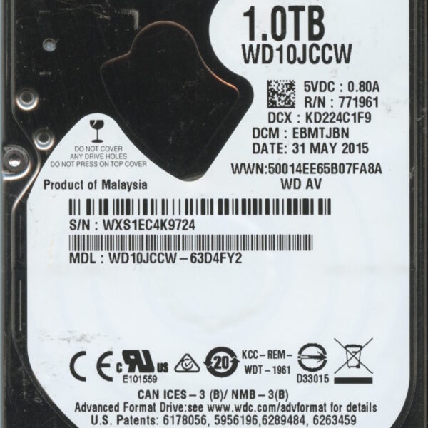 WD10JCCW-63D4FY2 WXS1E 05:31:15 WESTERN DIGITAL 1TB HDD