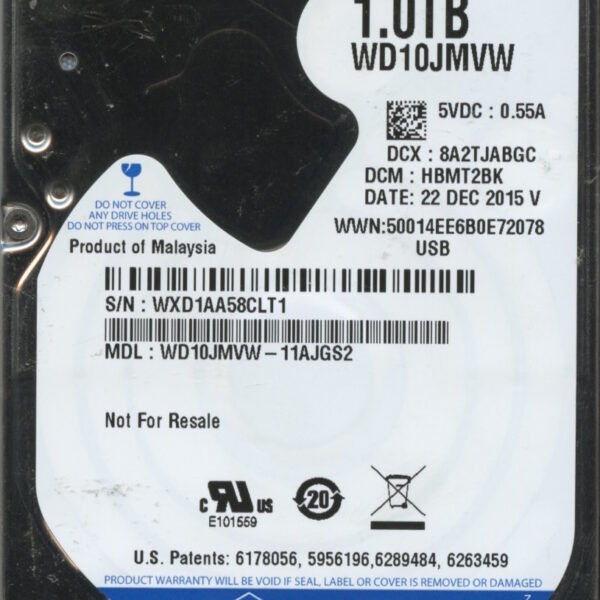 WD10JMVW-11AJGS2 WXD1A 12:22:15 WESTERN DIGITAL 1TB HDD