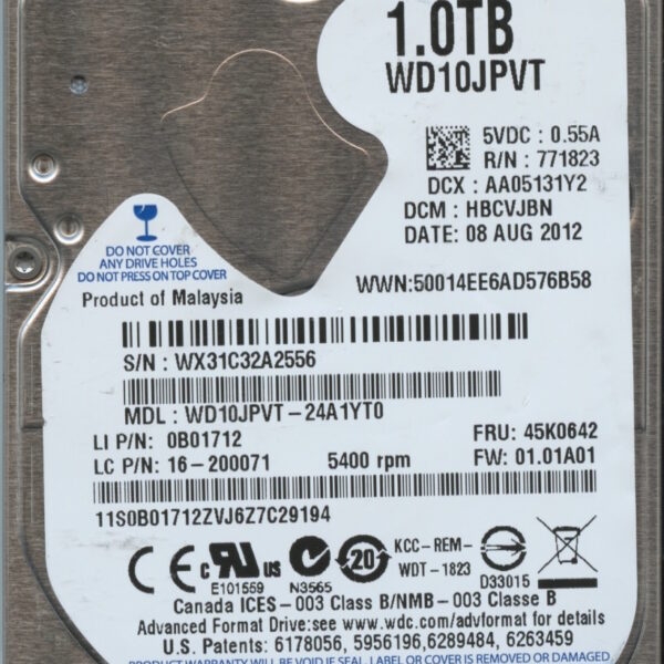 WD10JPVT-24A1YT0 WX31C 08:08:12 WESTERN DIGITAL 1TB HDD