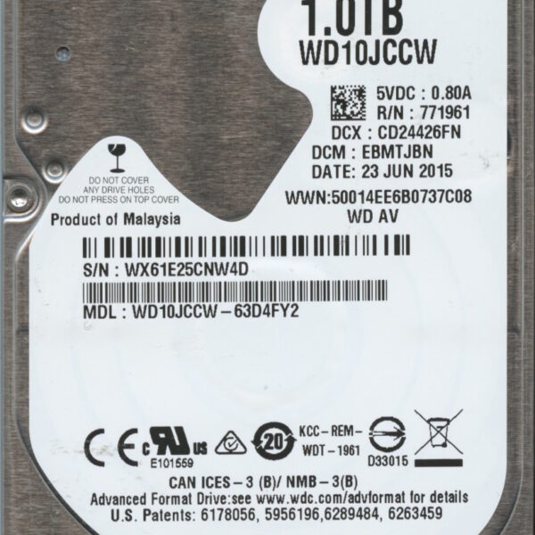 WD10JCCW-63D4FY2 WX61E 06:23:15 WESTERN DIGITAL 1TB HDD