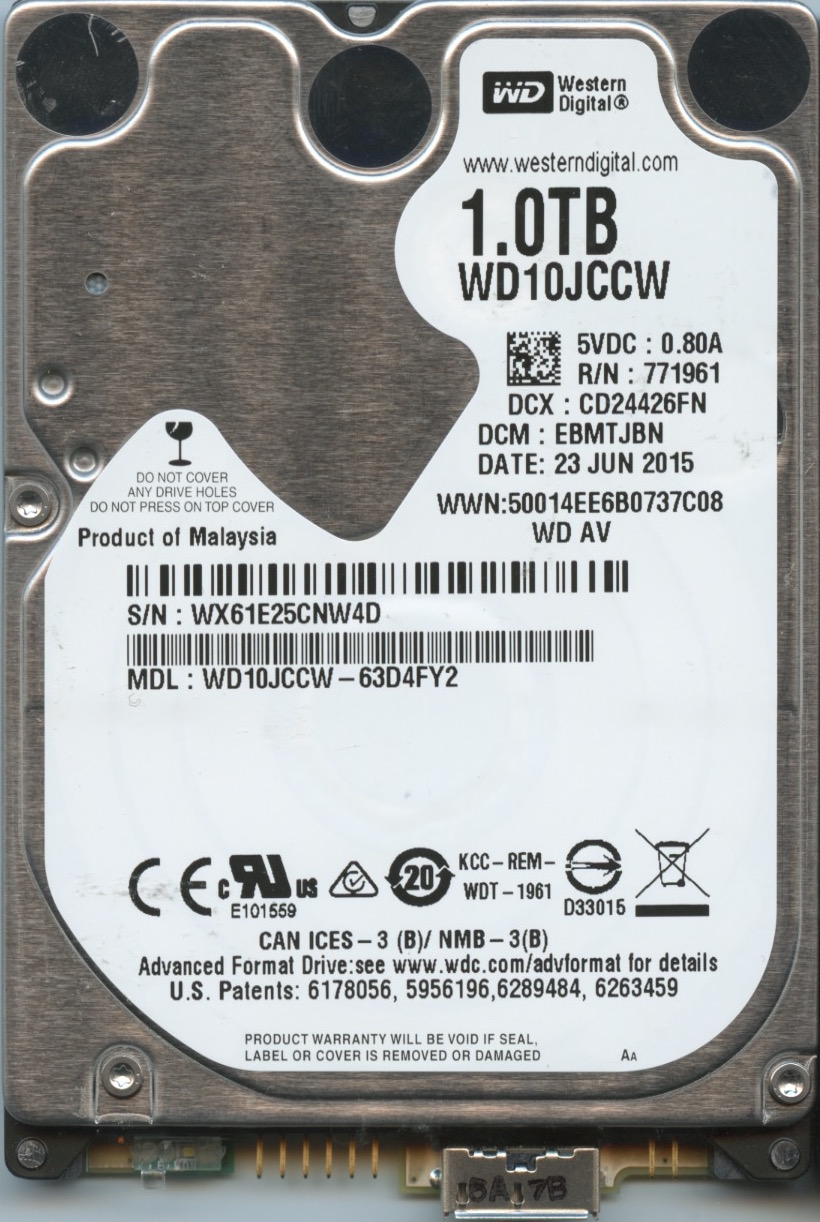 WD10JCCW-63D4FY2 WX61E 06:23:15 WESTERN DIGITAL 1TB HDD