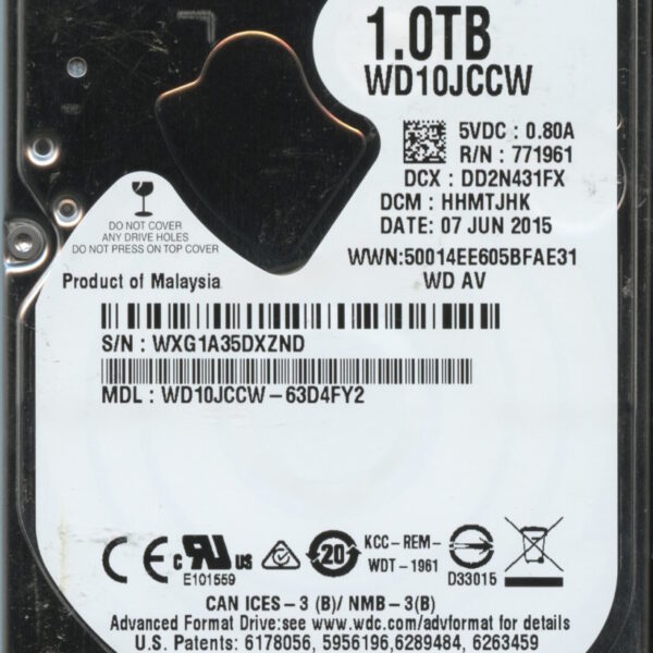 WD10JCCW-63D4FY2 WX61A 06:07:15 WESTERN DIGITAL 1TB HDD