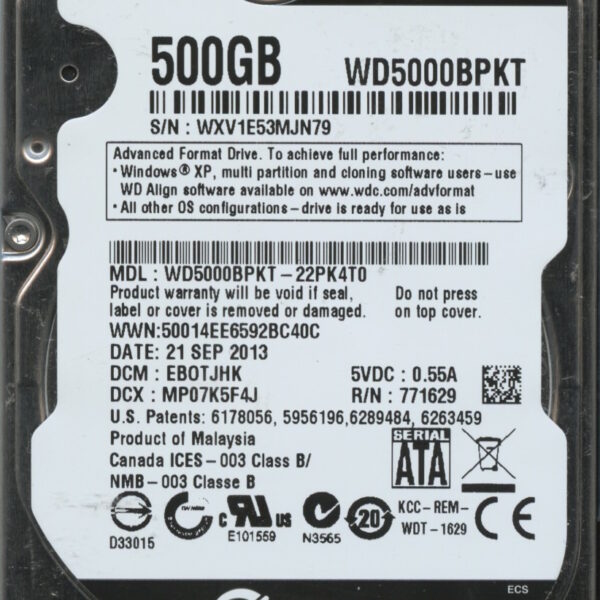 WD5000BPKT-22PK4T0 WXV1E 09:21:13 WESTERN DIGITAL 500GB HDD