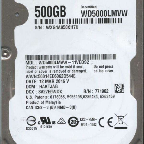 WD5000LMVW-11VEDS2 WXG1A 04:12:16 WESTERN DIGITAL 500GB HDD