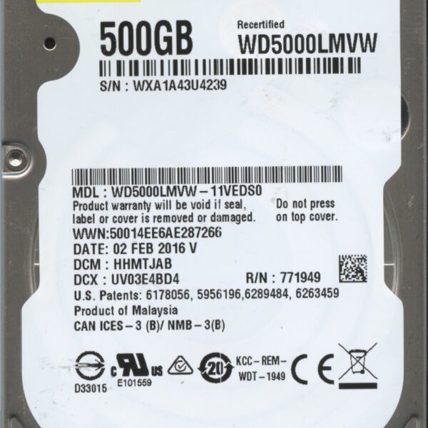 WD5000LMVW-11VEDS0 WXA1A 02:02:16 WESTERN DIGITAL 500GB HDD