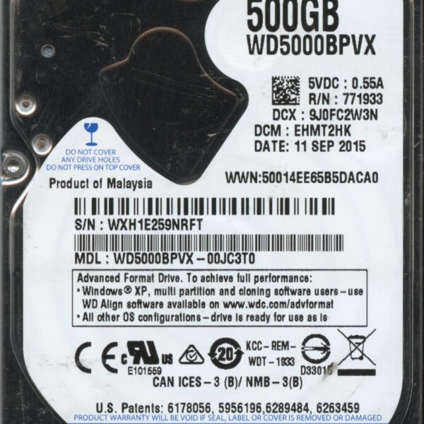 WD5000BPVX-00JC3T0 WXH1E 11:11:15 WESTERN DIGITAL 500GB HDD