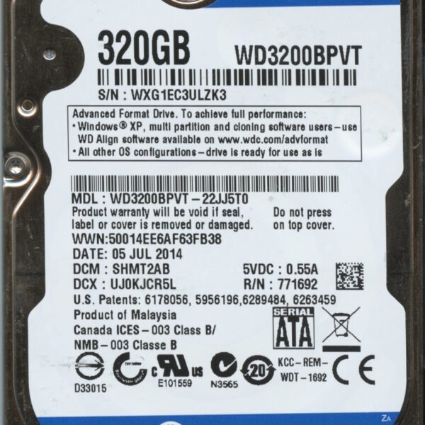 WD3200BPVT-22JJ5T0 WXG1E 07:05:14 WESTERN DIGITAL 320GB HDD