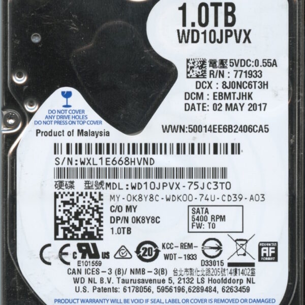 WD10JPVX-75JC3TT0 WXL1E 05:02:17 WESTERN DIGITAL 1TB HDD