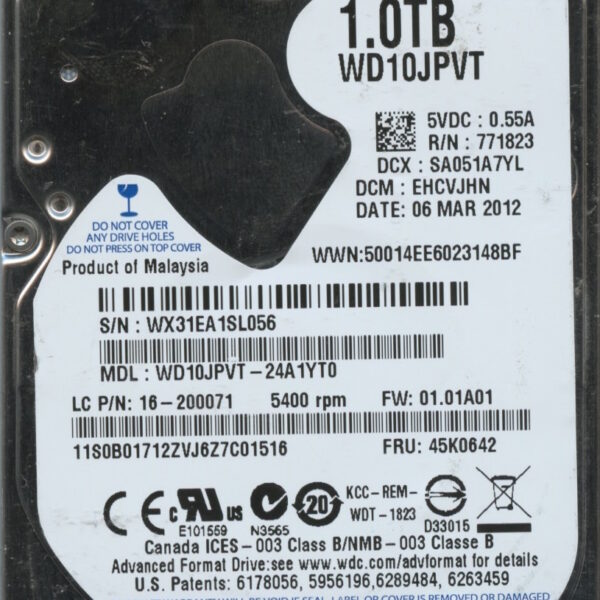 WD10JPVT-24A1YT0 WX31E 04:06:12 WESTERN DIGITAL 1TB HDD