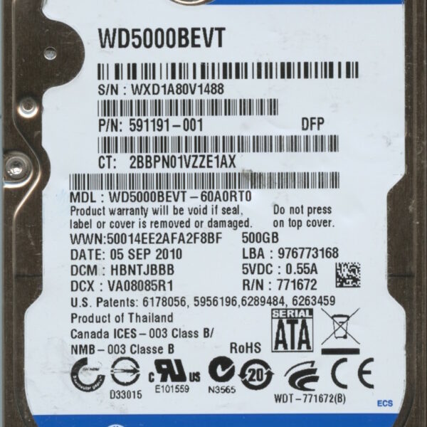 WD5000BEVT-60A0RT0 WXD1A 09:05:10 WESTERN DIGITAL 500GB HDD